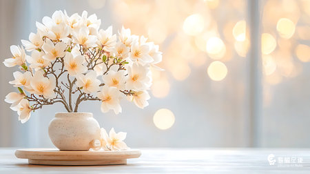 White magnolia flowers in vase on wooden table with bokeh background.の写真素材