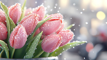 Bouquet of pink tulips in a vase with water dropsの写真素材