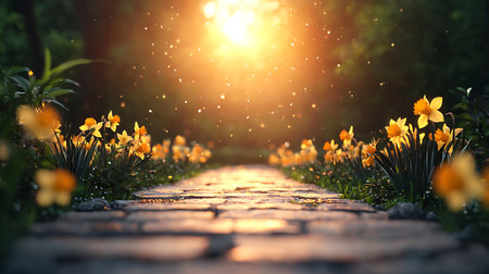 Beautiful daffodils blooming in the garden at sunsetの写真素材