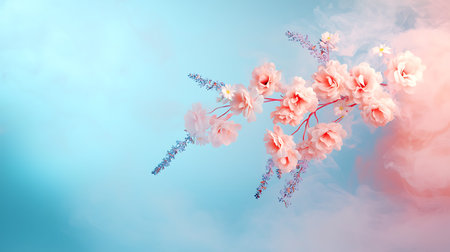Cherry blossom on blue sky background with copy space. 3d illustrationの写真素材
