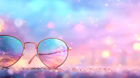 Sunglasses on bokeh background. Colorful bokeh background.