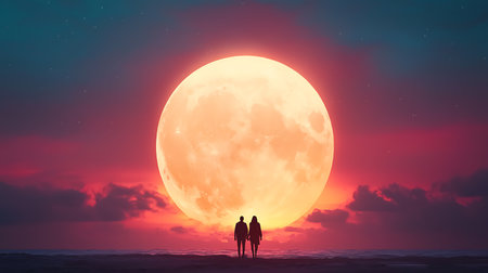 Silhouette of a loving couple in front of the full moonの写真素材