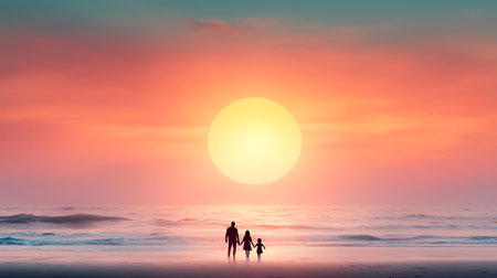 Silhouette of a family on the beach at sunset. Conceptual imageの写真素材