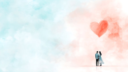 Young couple in love looking at big red heart on blue sky backgroundの写真素材