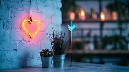 Glowing neon heart in a flowerpot on a brick wall background