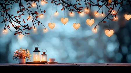 Lanterns with heart shaped lights on the background of a treeの写真素材