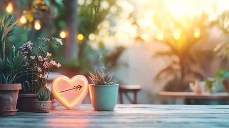 Flowers in pots on wooden table in coffee shop with heart-shaped sign.の写真素材