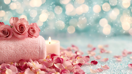 Spa still life with rose petals, towel and burning candleの写真素材
