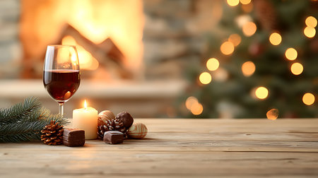 Glass of red wine with chocolate candies and fir branches on wooden table against blurred backgroundの写真素材