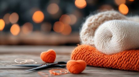 Knitting woolen clothes on wooden table with bokeh background