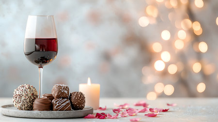 Glass of red wine with chocolate candies and rose petals on light backgroundの写真素材