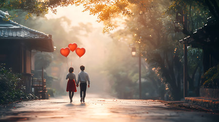 Asian couple holding red heart shape balloons and walking in the park.