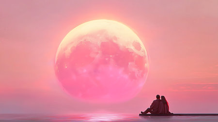 A couple sitting on the beach and watching the full moon at sunset.の写真素材