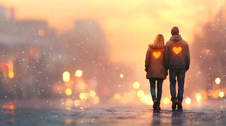 Young couple in love walking on a snowy winter street with heart shaped lightsの写真素材