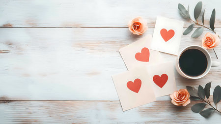 Valentine's day greeting card mockup with coffee cup and rose flowers