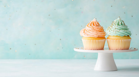 Cupcakes with buttercream frosting on pastel blue backgroundの写真素材