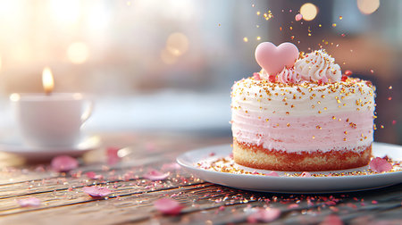 Birthday cake with heart shaped sprinkles and cup of coffee on wooden table