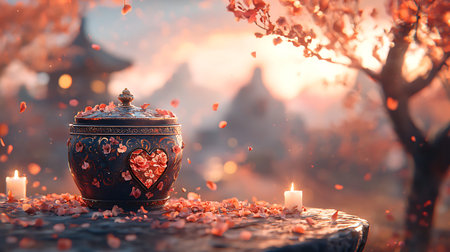 Candle in a pot on a background of a blossoming tree.の写真素材