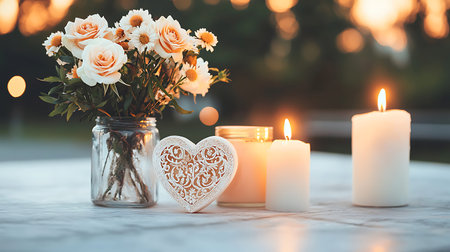Romantic candles and bouquet of white roses in vase on tableの写真素材