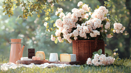 Breakfast in the garden with cheese, milk and flowers on the grass