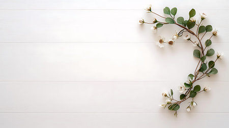 Flowers composition. Eucalyptus branches on white wooden background. Flat lay, top view, copy space