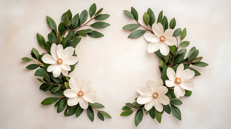 Round frame made of white magnolia flowers and green leaves on light background. Flat lay, top view.の写真素材