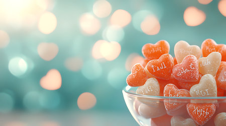 Valentine's day background with heart shaped candies and bokehの写真素材