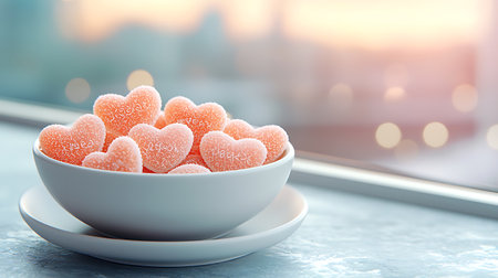 Candy in the form of hearts in a white bowl on the windowsill.の写真素材