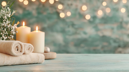 Spa composition with burning candles and towels on table against blurred backgroundの写真素材
