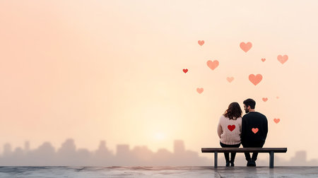 Couple sitting on a bench with red hearts flying out of them