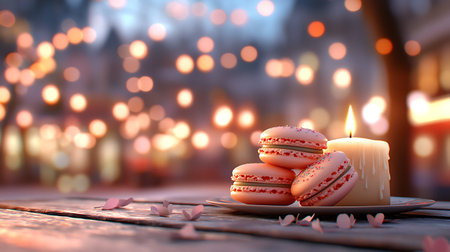 Macaroon cake and burning candle on wooden table with bokeh background
