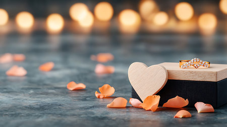 Wedding rings on a wooden box with rose petals.