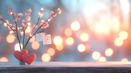 Valentine's day greeting card with red heart on wooden table over bokeh backgroundの写真素材
