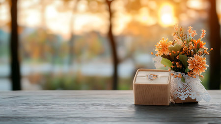 Wedding rings and flowers on wooden table in the park.