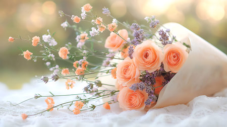 Bouquet of orange roses and lavender on a white lace