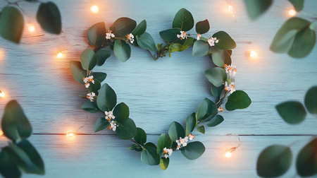 Heart shaped frame made of green leaves and branches with glowing garland on wooden backgroundの写真素材