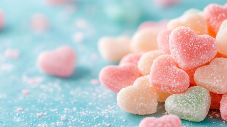 Colorful heart shaped sugar candies on aquamarine background.