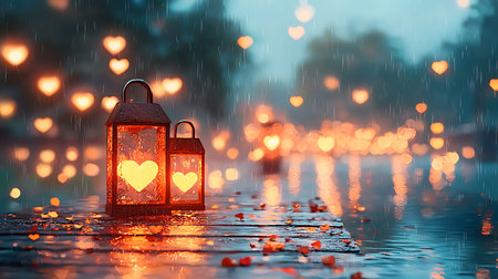Lantern with hearts in the rain. Valentine's Day background.の写真素材