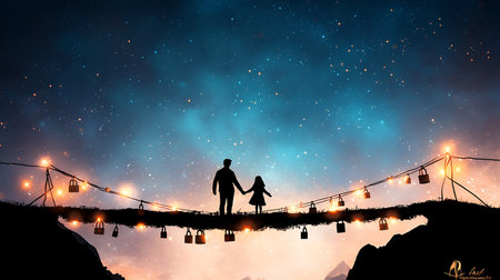 Silhouette of loving couple with lanterns against night sky backgroundの写真素材