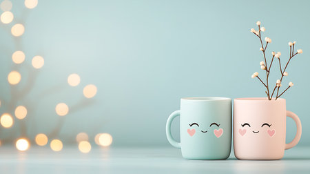 Coffee mugs with cute cartoon faces, 3d renderingの写真素材