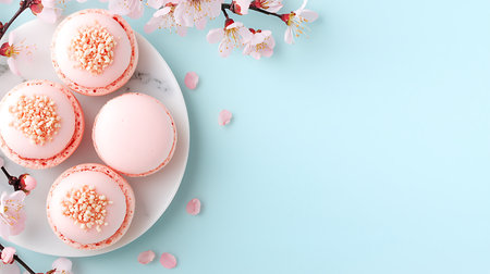 Pastel pink macaroon cakes with cherry blossoms on blue background.の写真素材