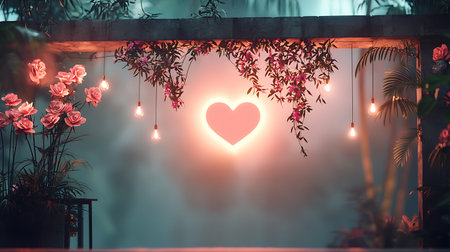 Valentine's day background with red heart shape lights and flower in the gardenの写真素材