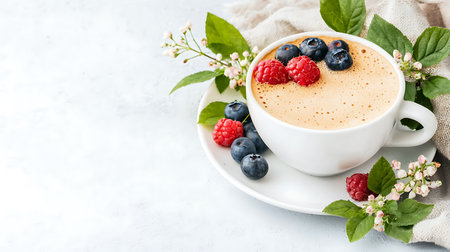 Cappuccino with blueberries and raspberries on a white background.の写真素材