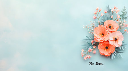 Bouquet of flowers and leaves on blue background. Flat lay.