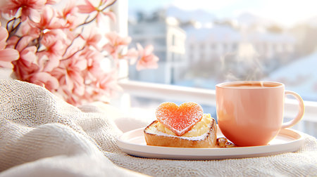 Cup of coffee and sweet cake with heart shape on the background of spring flowersの写真素材
