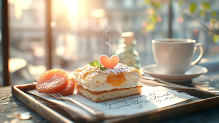 Cake with cream and tangerines on a wooden tray in a cafeの写真素材