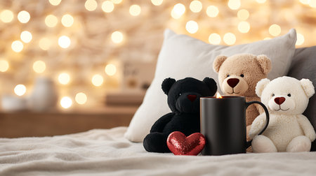 Composition with cup of tea, teddy bears and hearts on bedの写真素材