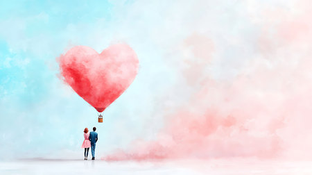 Young couple in love holding balloon in shape of heart and looking at each otherの写真素材