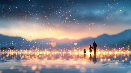 Happy family with child on the lake at sunset background. Mixed mediaの写真素材