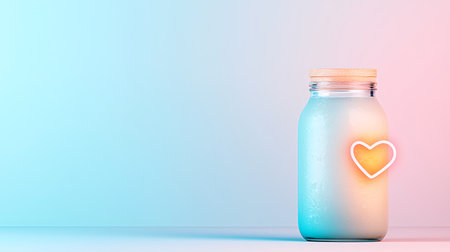 Colorful glass jar with heart shape on blue and pink gradient backgroundの写真素材
